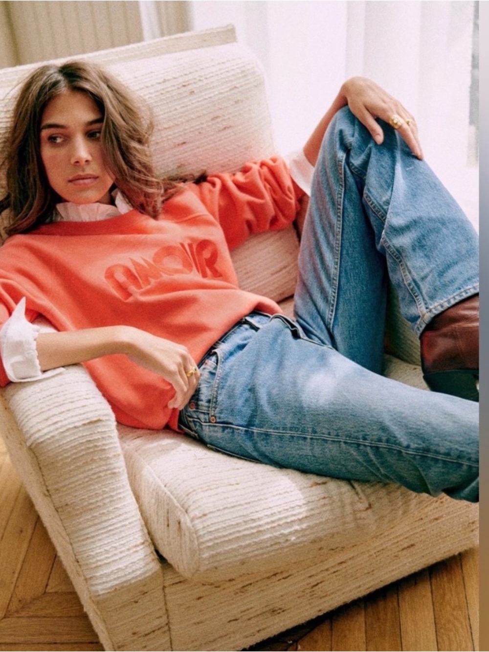 Sézane Amour Sweatshirt Pêche Vif Coral Pink Logo Organic Cotton Size S Sezane